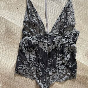 Free People Lace Plunge Bodysuit in Black and Gray